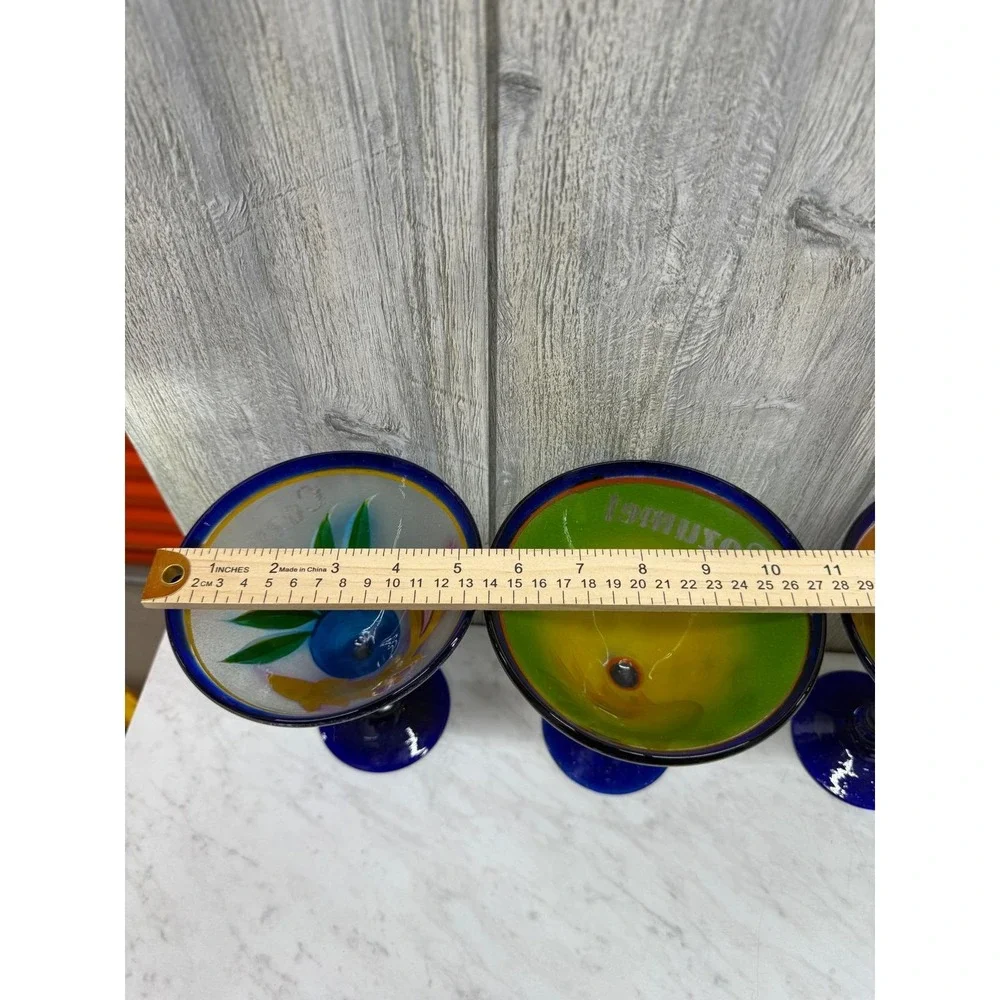 Set of 4 Hand Painted Mexican Martini Glasses Cozumel Cobalt Blue Rim 7in